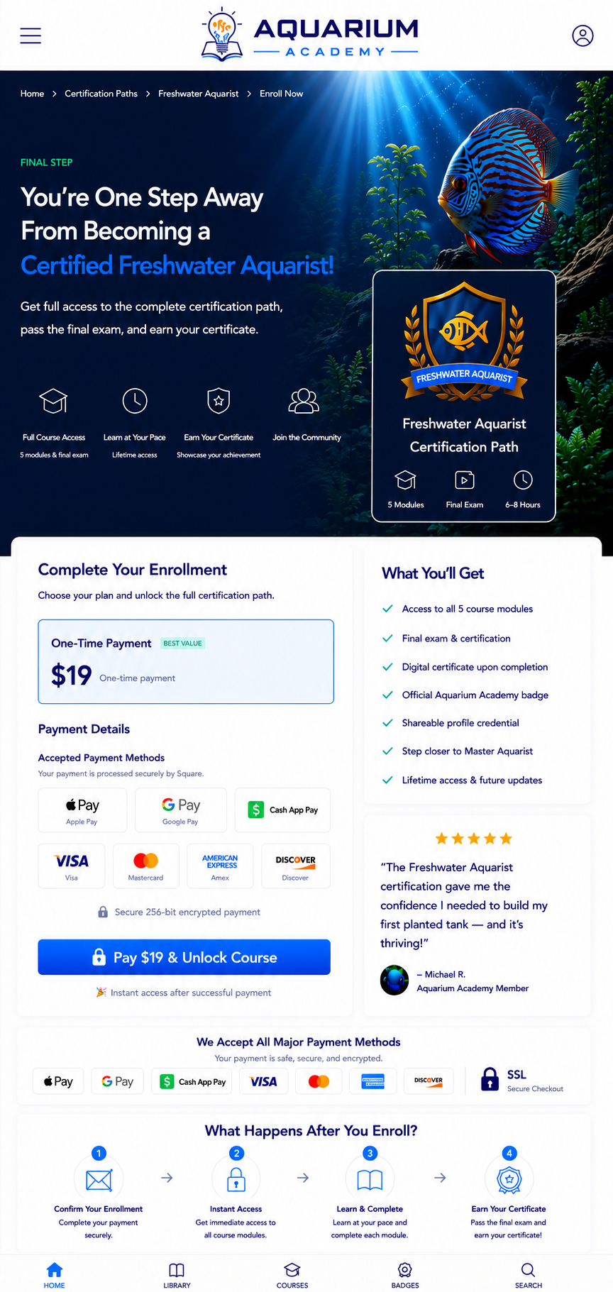 Aquarium Academy Freshwater Aquarist certification enrollment page