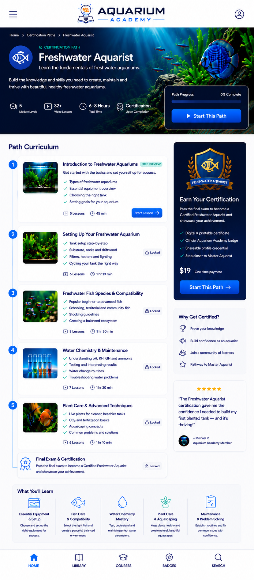Aquarium Academy Freshwater Aquarist certification path with five learning modules and certification exam