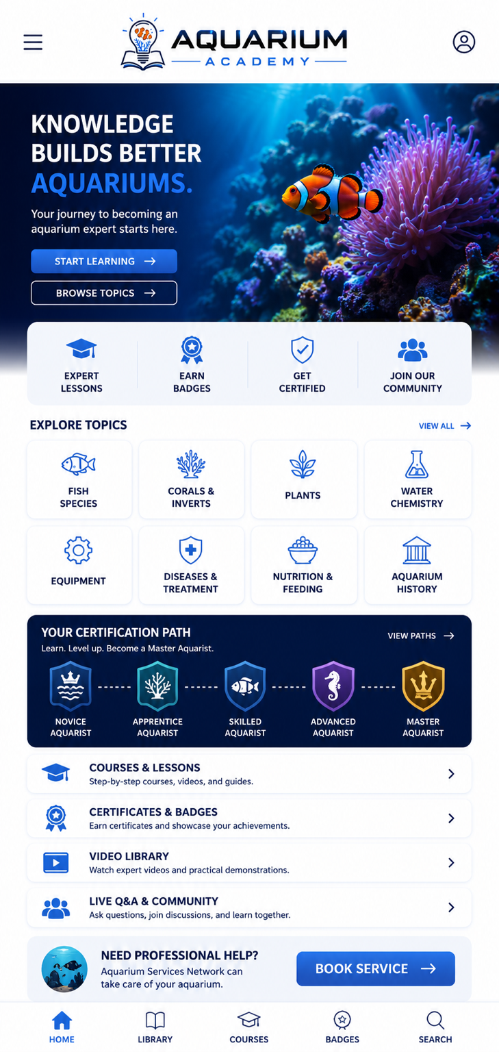 Aquarium Academy homepage featuring aquarium education, fish species library, certification paths, freshwater and saltwater aquarium courses.