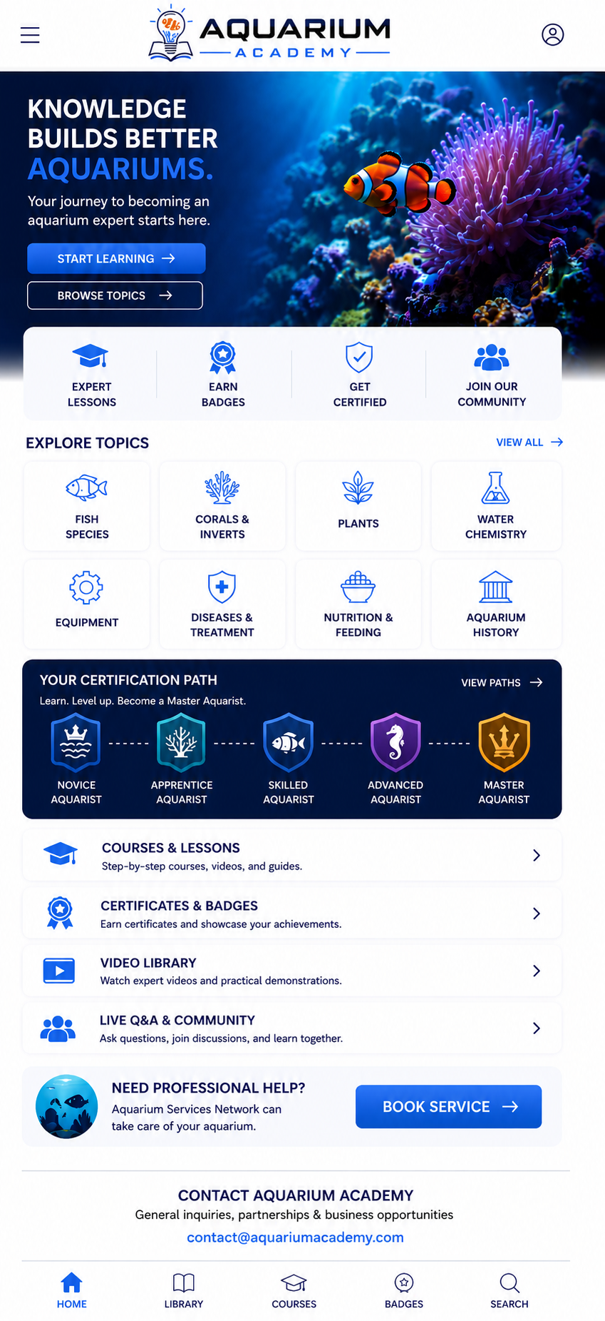 Aquarium Academy homepage featuring aquarium education, fish species, certification paths, courses, badges, community resources, and professional aquarium services.